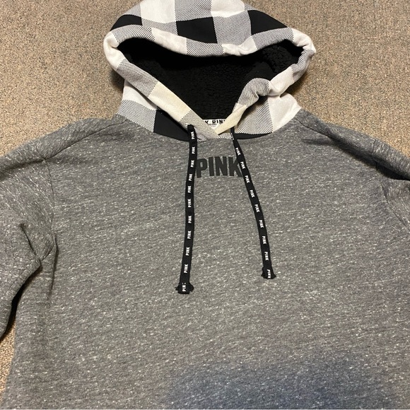 Victorias Secret PINK Hoodie Adult Gray Plaid Sherpa Lined Hood Spell Out Medium - Picture 3 of 9